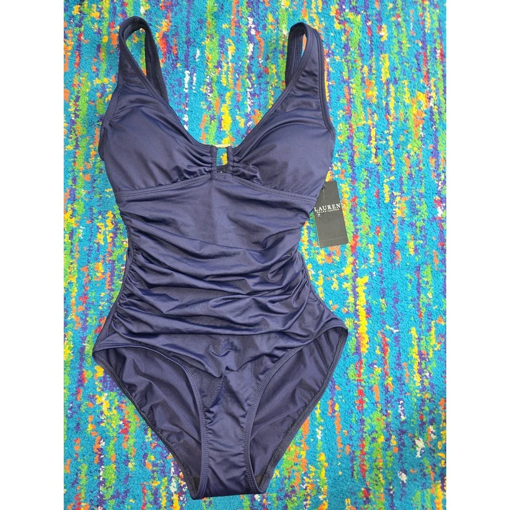 NWT Lauren Ralph‎ Lauren One Piece Swimsuit Navy Blue Ruched Underwire  Size 4